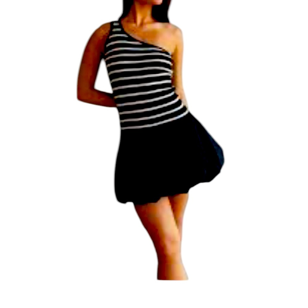 Galita Black and Cream White Striped One-Shoulder Dress Bubble Skirt NWT Large